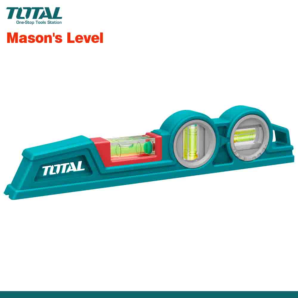 A TOTAL brand heavy-duty aluminum spirit level in teal color with red detailing and clear vials for level measurements.
