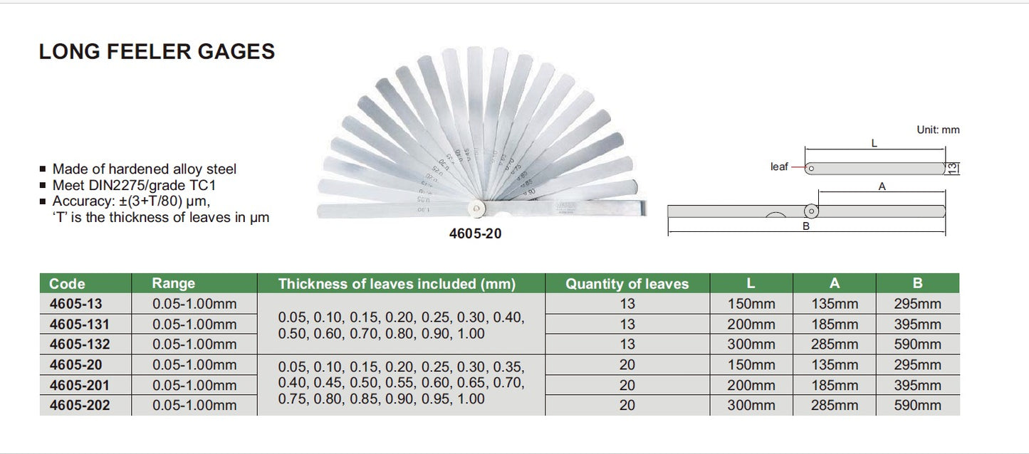 INSIZE 4605-20 Industrial Long Feeler Gauge Set