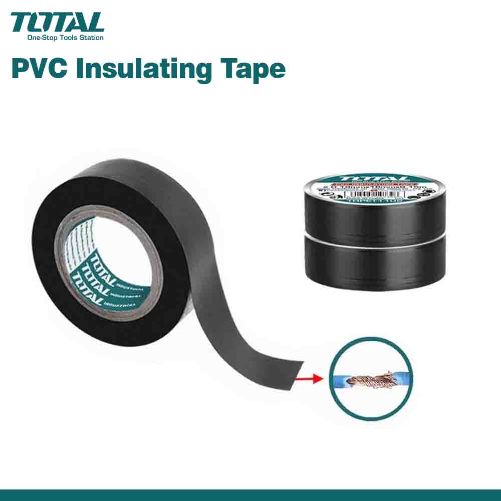 A roll of TOTAL brand black PVC insulating tape, showing the tape unrolled with an inset showing the tape's use on electrical wiring.