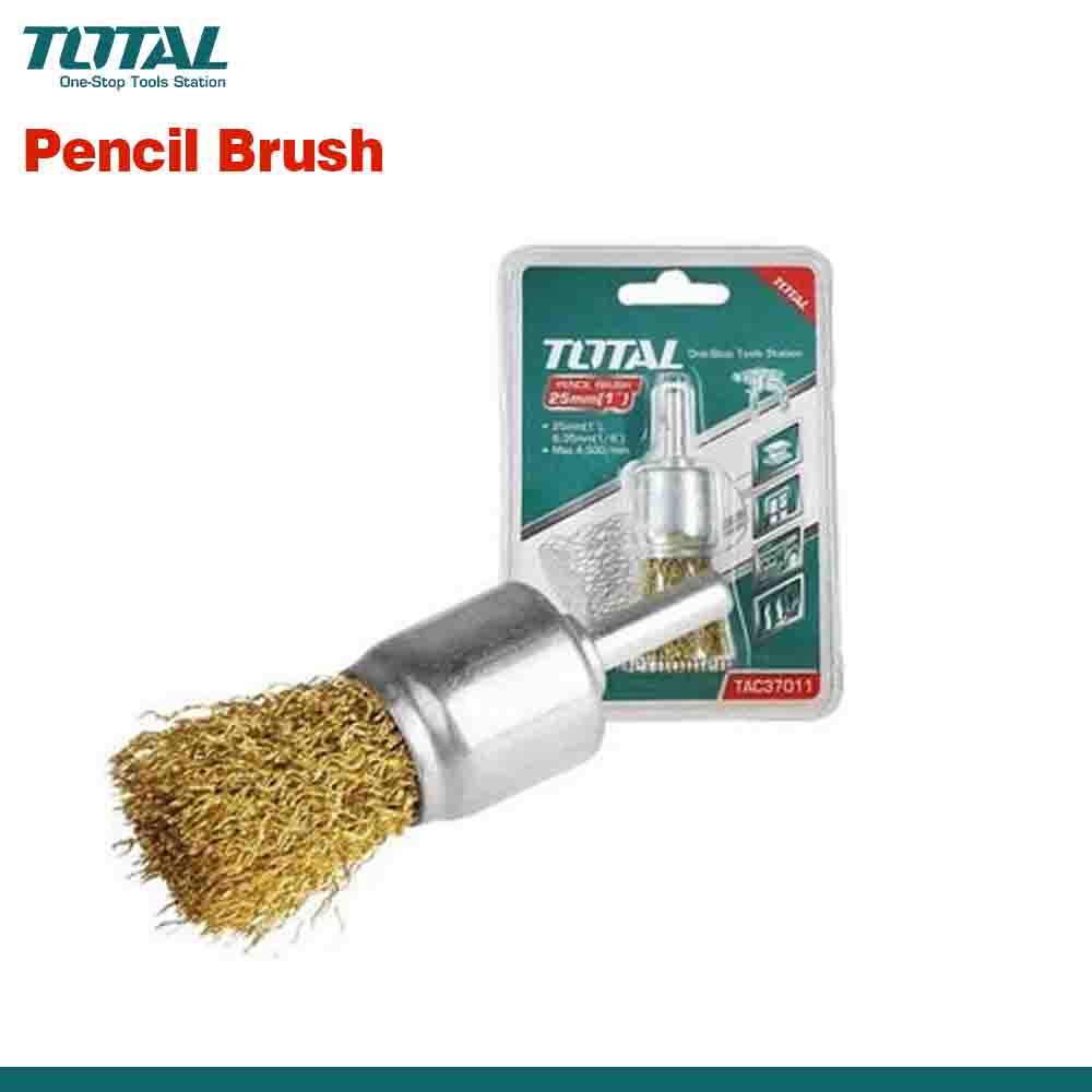 A 25mm pencil brush with a steel shank and gold-colored bristles, packaged in a green and white product card.