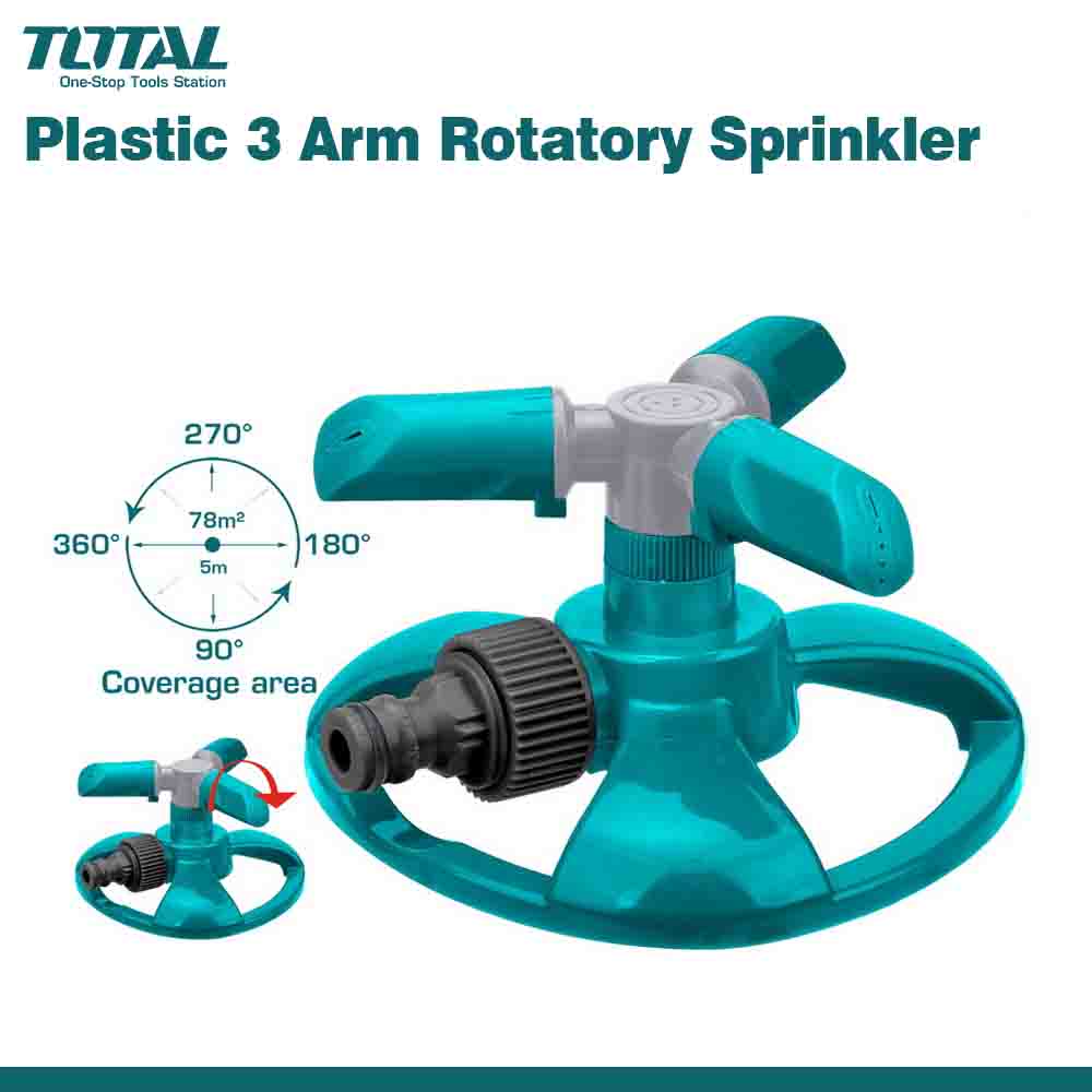 A plastic 3-arm rotary garden sprinkler in blue color with the TOTAL brand logo, showing the sprinkler head, connector, and base.