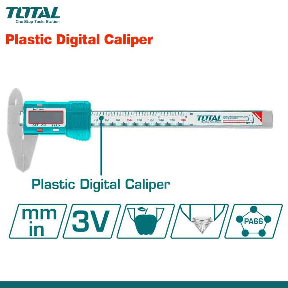 A plastic digital caliper with a digital display showing measurements in millimeters and inches, with a 3V battery indicator, and a 'TOTAL' brand logo.