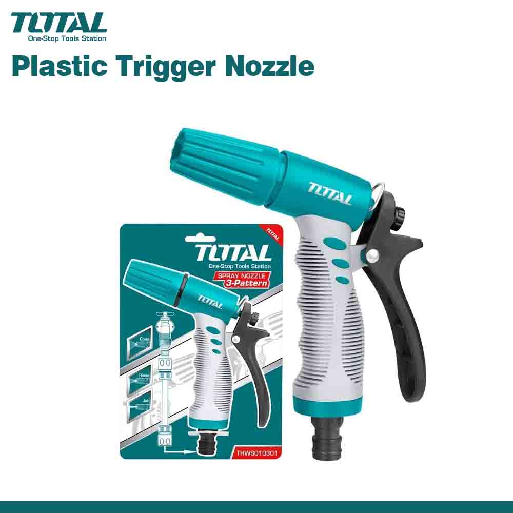 A image showing a blue and gray plastic trigger nozzle with adjustable spray patterns, along with its packaging that has 'TOTAL' branding on it.