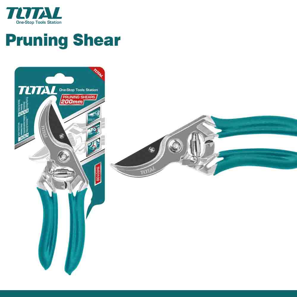 A pair of TOTAL brand garden pruning scissors with green handles and aluminum body, displayed in packaging.