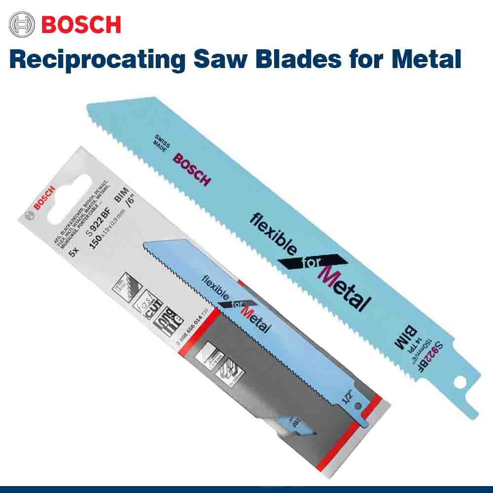 Bosch reciprocating saw blades for metal on a white background
