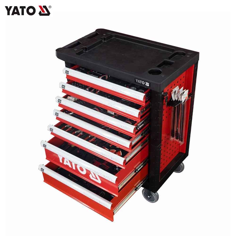 Red and black YATO tool chest with multiple drawers on a white background