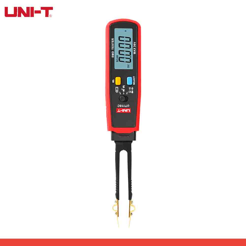 A red and black UNI-T SMD tester with a digital screen and a rotating measurement pen.
