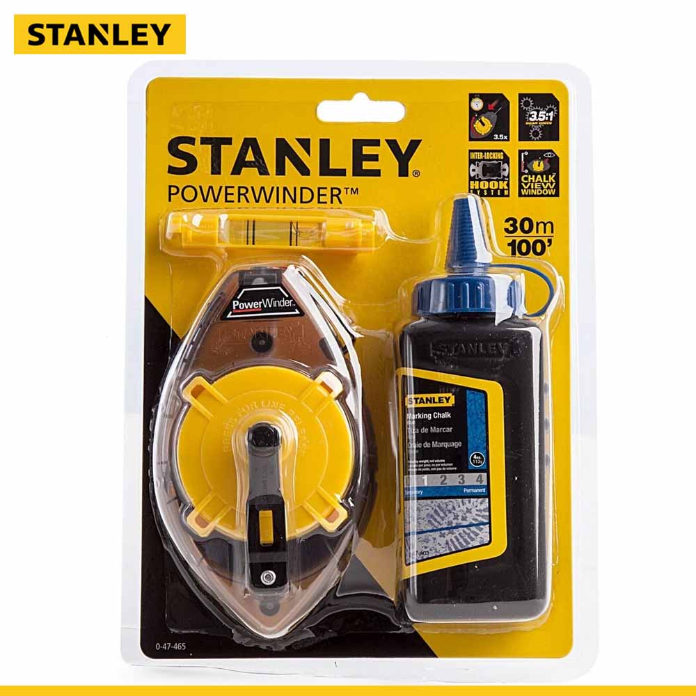 STANLEY POWERWINDER 30M/100ft Chalk Line Reel with Blue Chalk & Level