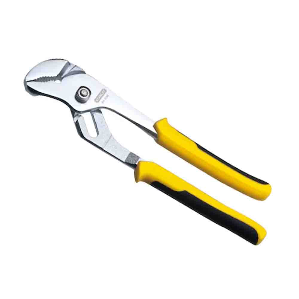 Stanley Bimaterial Groove Joint Plier with yellow and black handles and steel jaws.