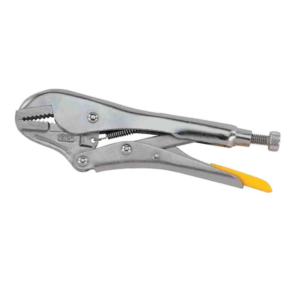 A silver-colored STANLEY lock-grip plier with straight jaws and a yellow tip on the lever.