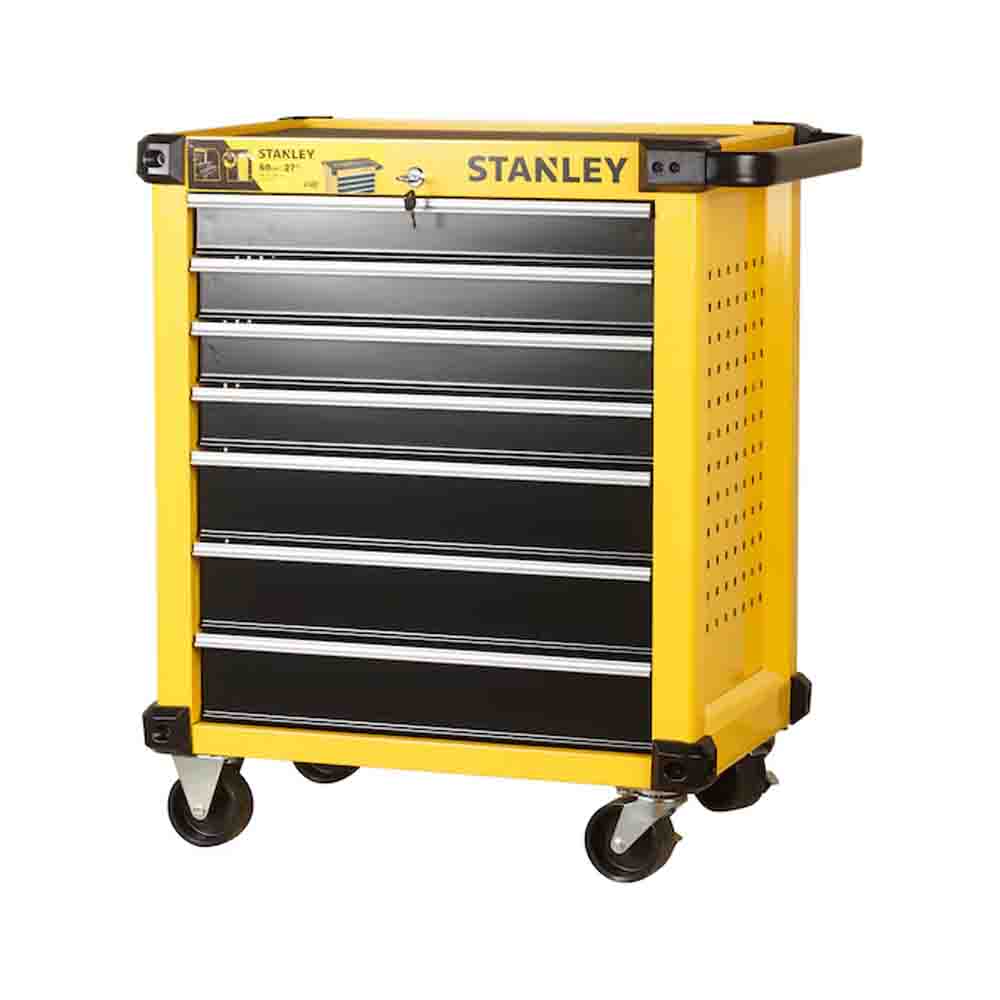 A yellow and black STANLEY roller cabinet with multiple drawers and a label on the top right corner.