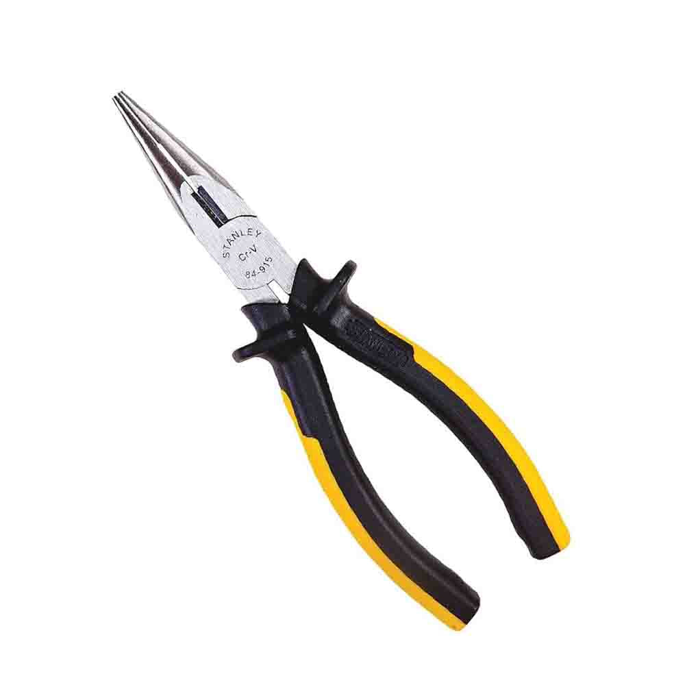 Stanley 6 inch long nose plier with black and yellow handles.