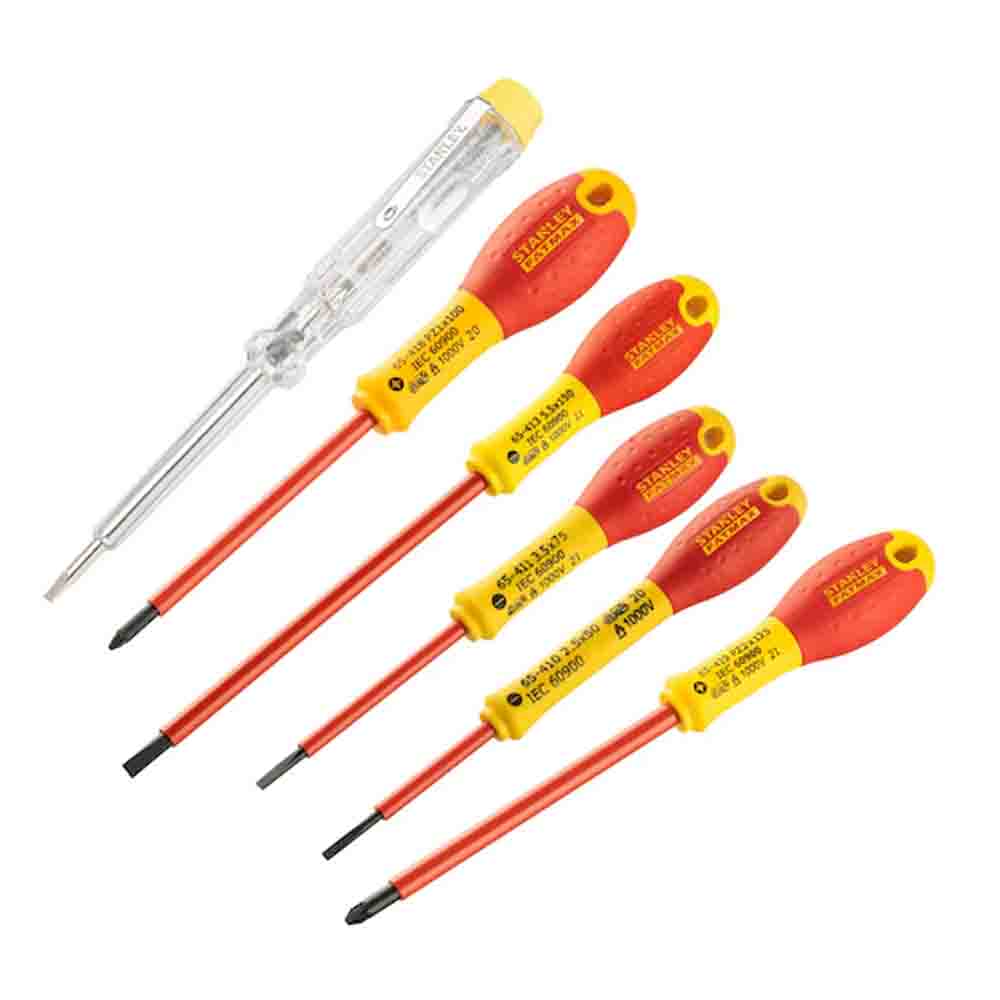 A set of six STANLEY insulated slotted pozidriv screwdrivers with red and yellow handles and metal shafts.