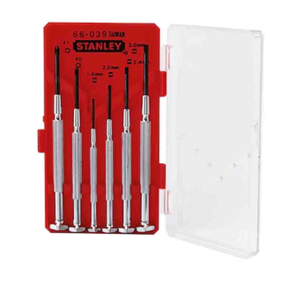 A set of six STANLEY branded precision screwdrivers with red and silver handles and blue-colored heads, displayed in an open red case.