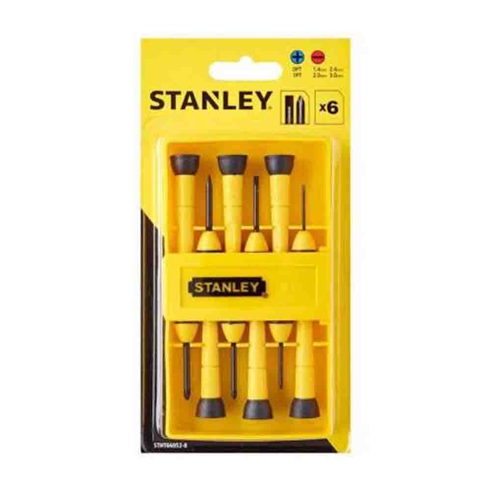 A set of 6 STANLEY brand precision bi-material screwdrivers with yellow and black handles and silver blades, packaged in a yellow and black cardboard holder.