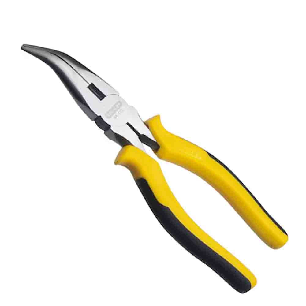 Stanley bent nose plier with black and yellow handles, forged carbon steel jaws, and a DYNAGRIP handle.