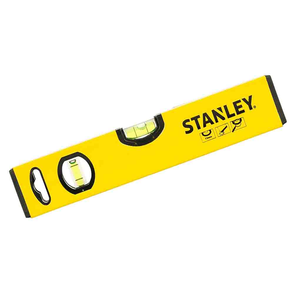 A yellow Stanley Classic Box Level with a black Stanley logo, featuring a bubble level for measuring horizontal surfaces.