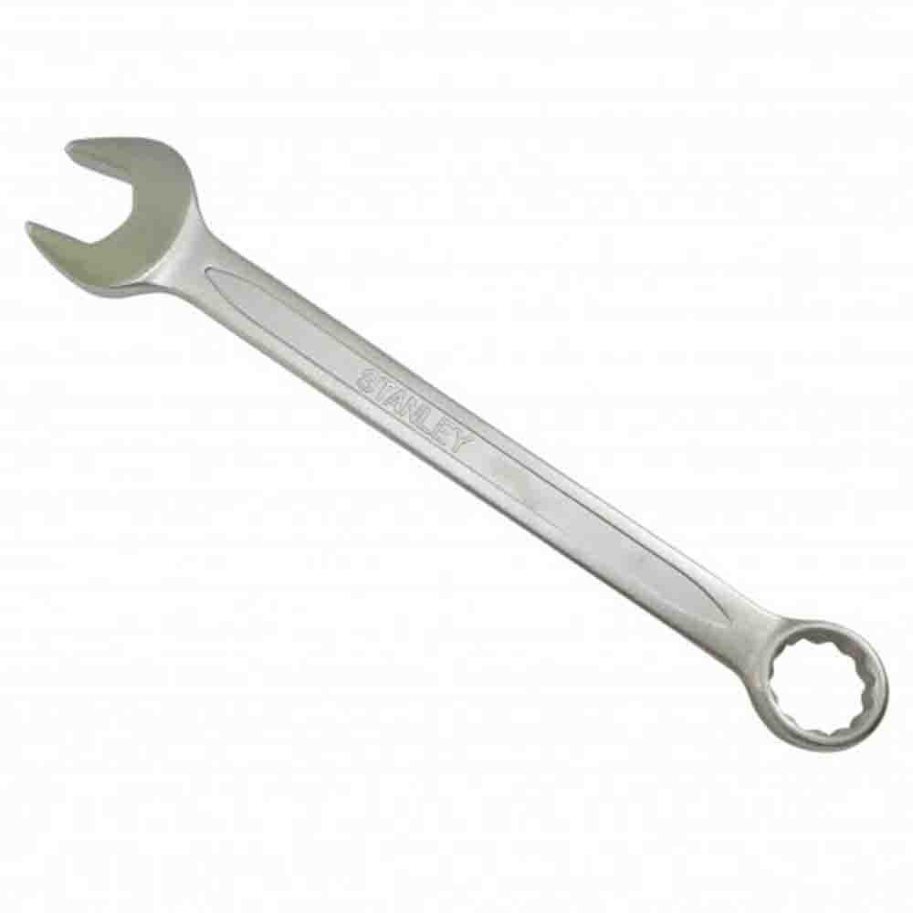 A silver-colored STANLEY combination wrench with a hexagonal sockets and a long shaft.
