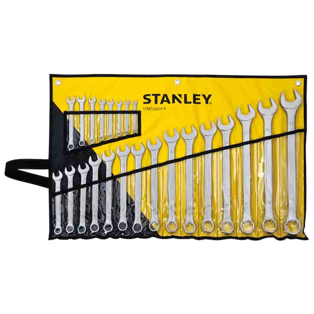 Stanley combination wrench set in a yellow and black ratchet with multiple sizes displayed.