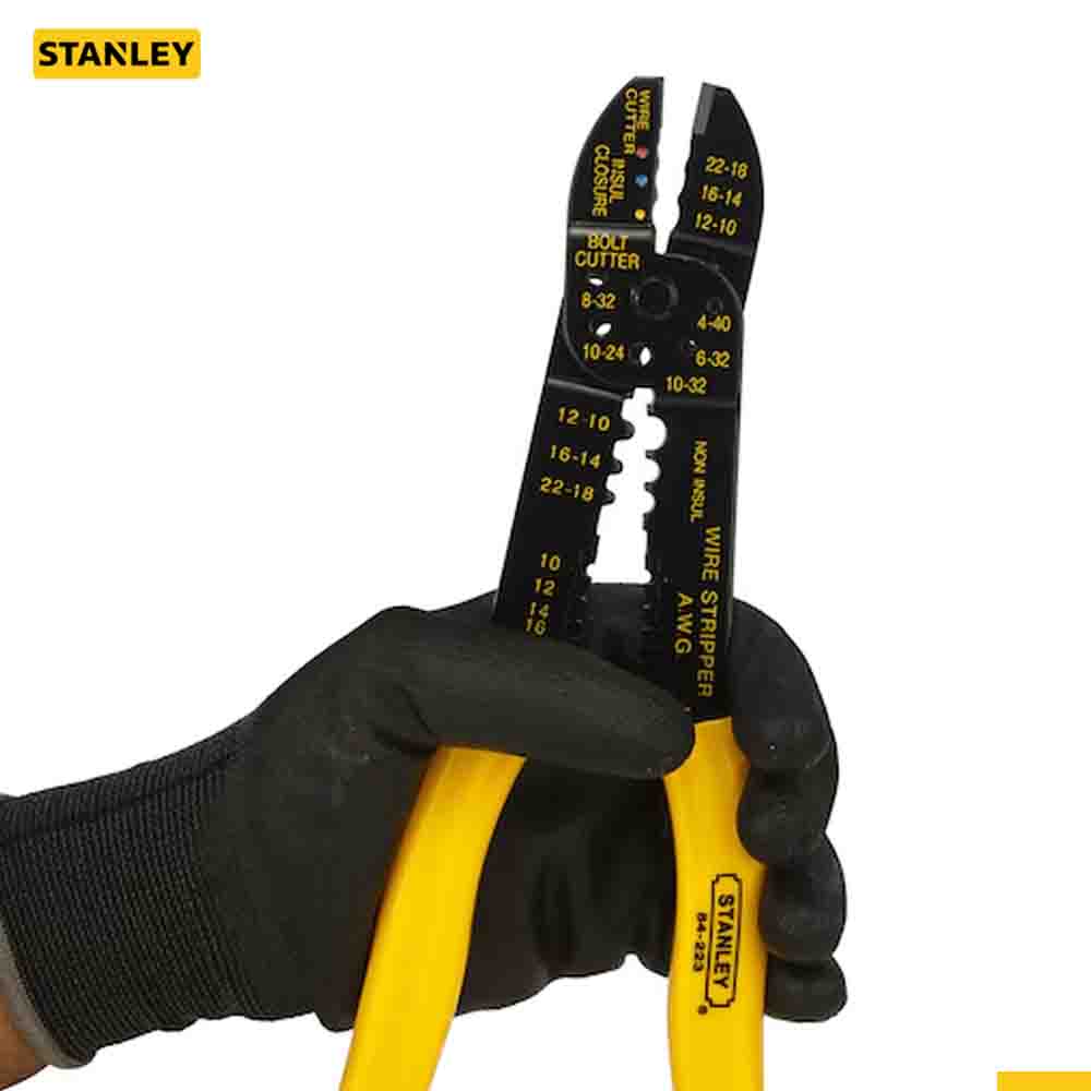 Stanley wire stripper and cutter held by a gloved hand on a white background