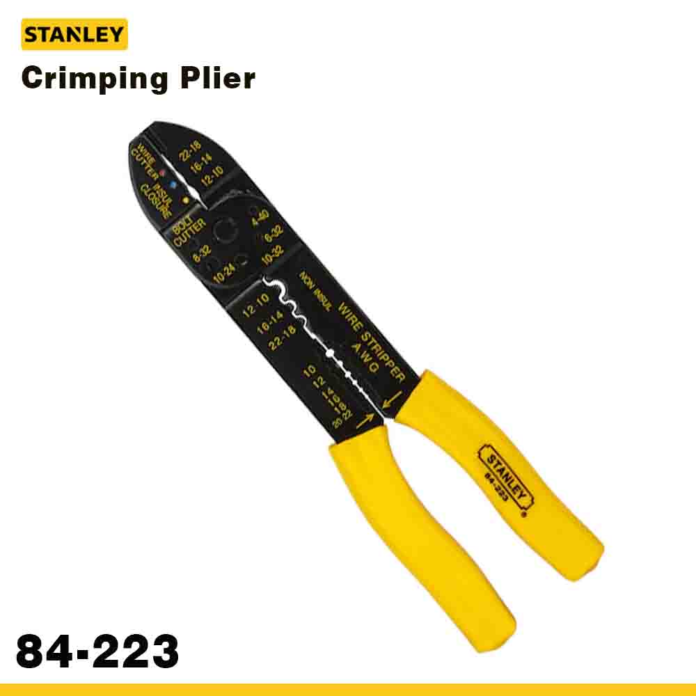 A STANLEY Crimping Plier with yellow handles and black markings, model number 84-223 visible.
