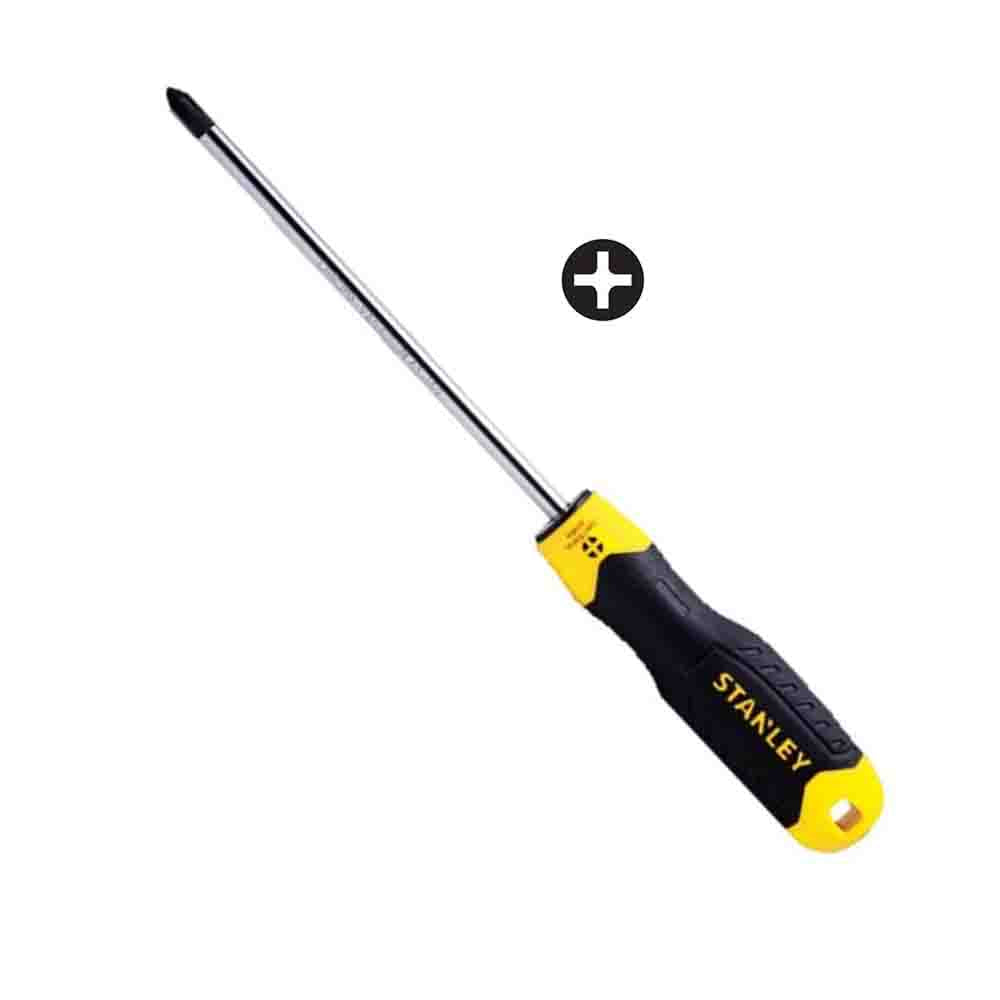 A STANLEY cushion grip Phillips screwdriver with a black and yellow handle and a Phillips screwdriver tip.