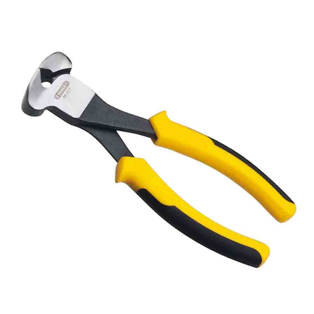 A pair of Stanley end nipping pliers with black and yellow handles.