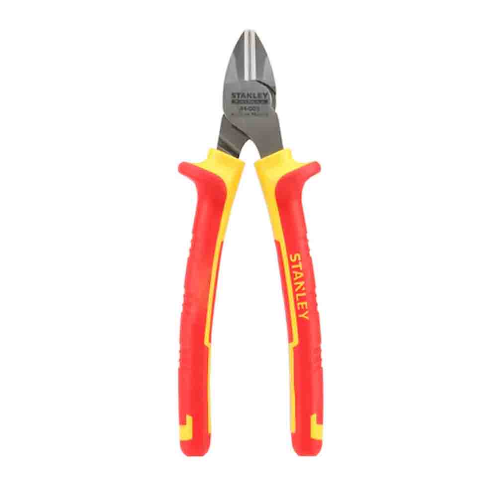 A pair of Stanley VDE Narrow Diagonal Pliers with red and yellow handles.