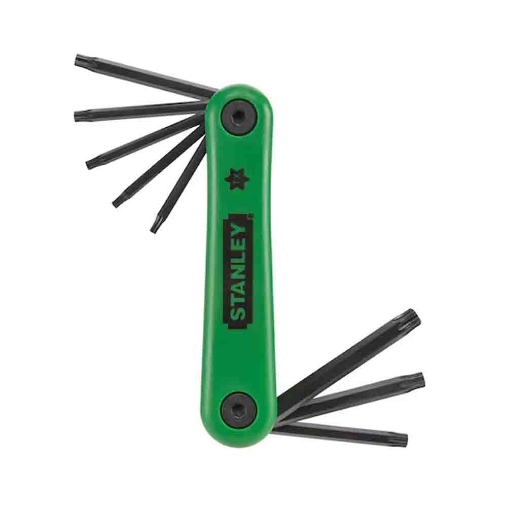 A set of green STANLEY folding Torx keys with black heads.