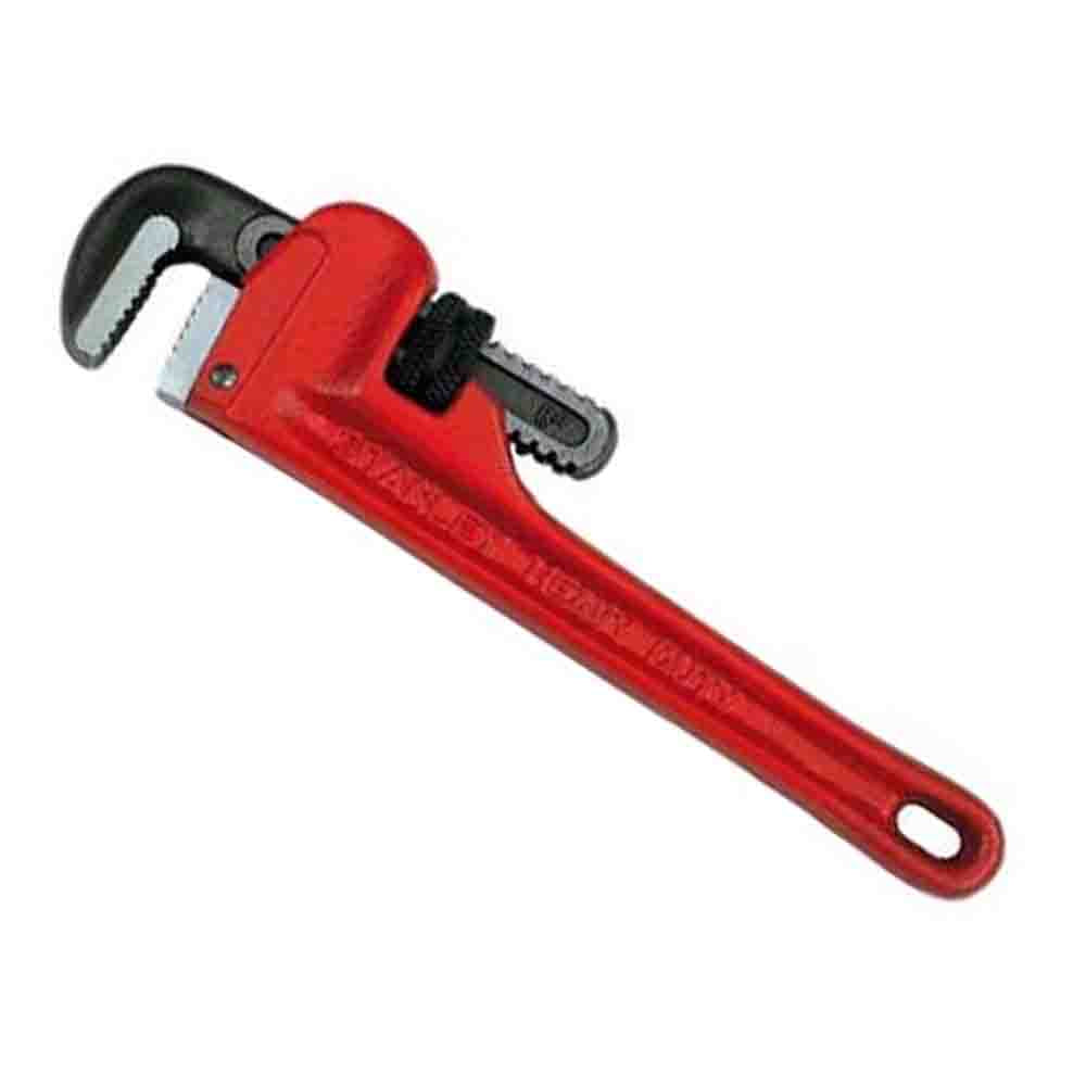 A red heavy-duty pipe wrench with a black jaw, cast iron handle, and a knurled large carbon steel nut.