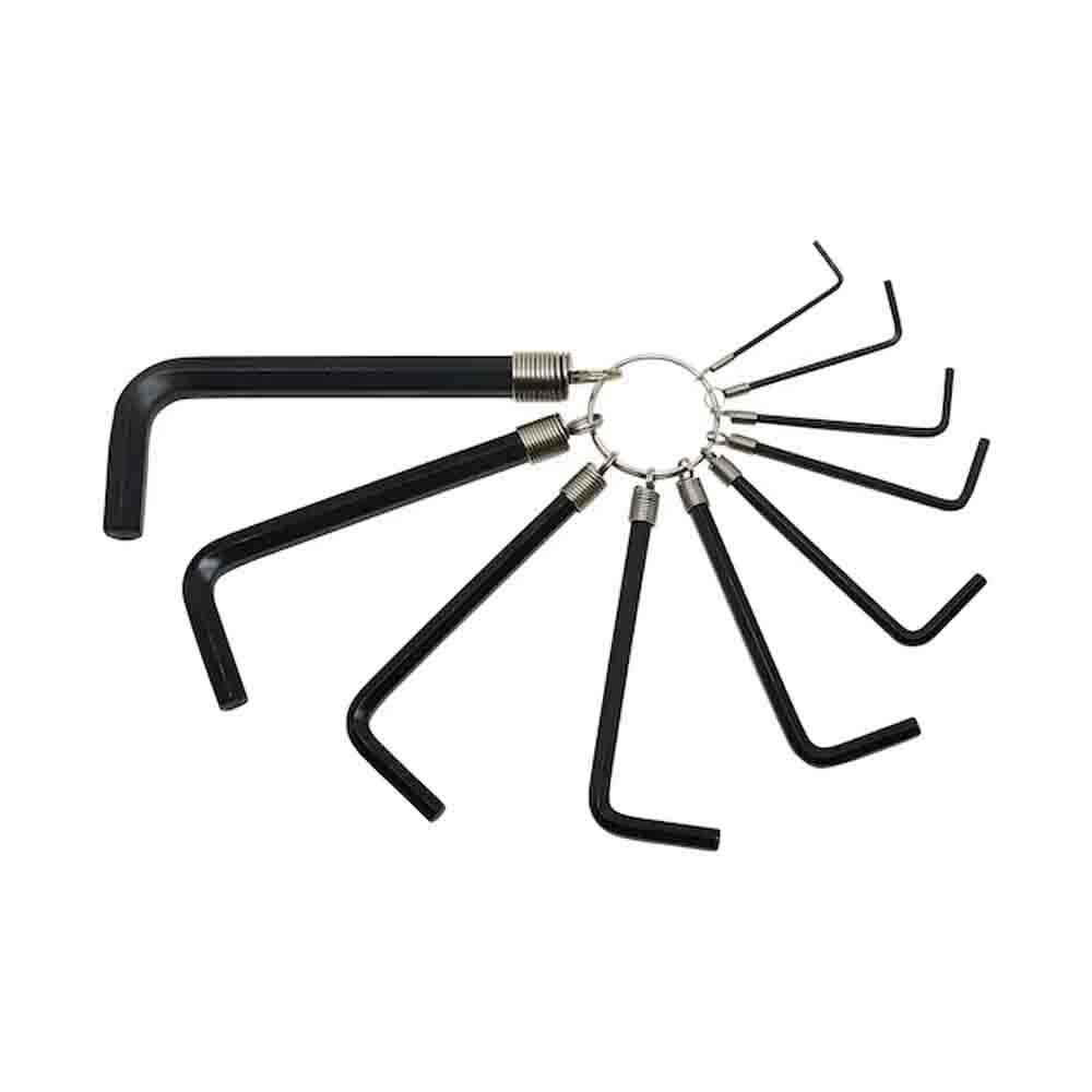 A set of 10 black STANLEY hex keys of various sizes, fixed together on a circular ring.