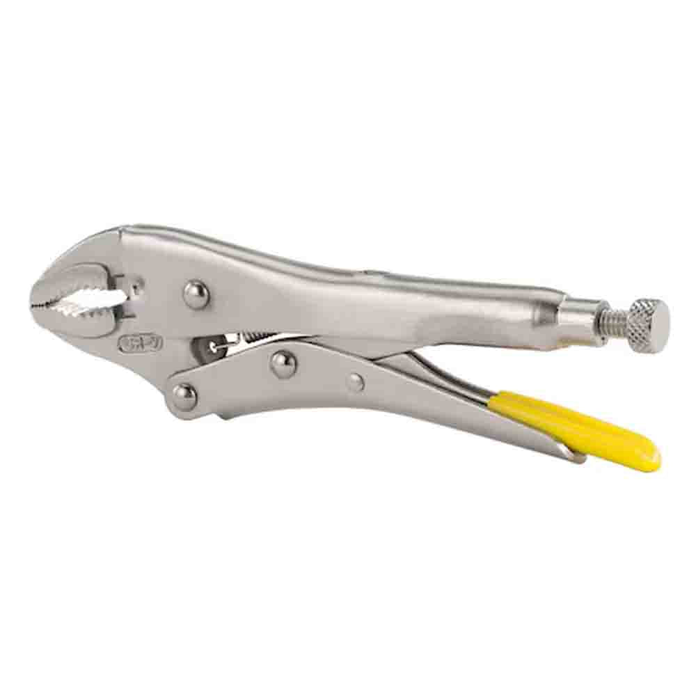 A pair of STANLEY LockGrip Curved Jaw Pliers with yellow and silver colors.