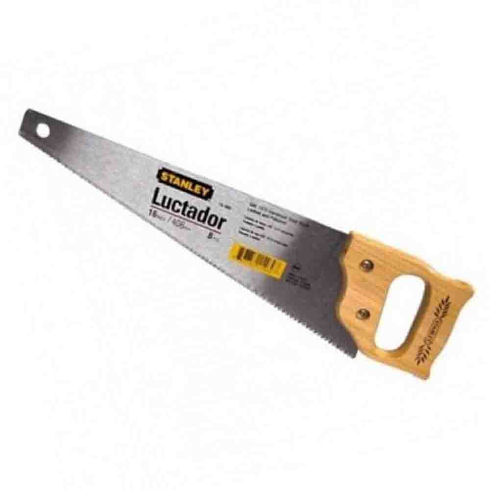 Stanley brand wood hand saw with a high carbon steel blade and a wooden handle.