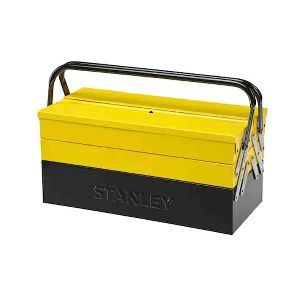 Yellow and black metal cantilever tool box with the STANLEY logo on the side.