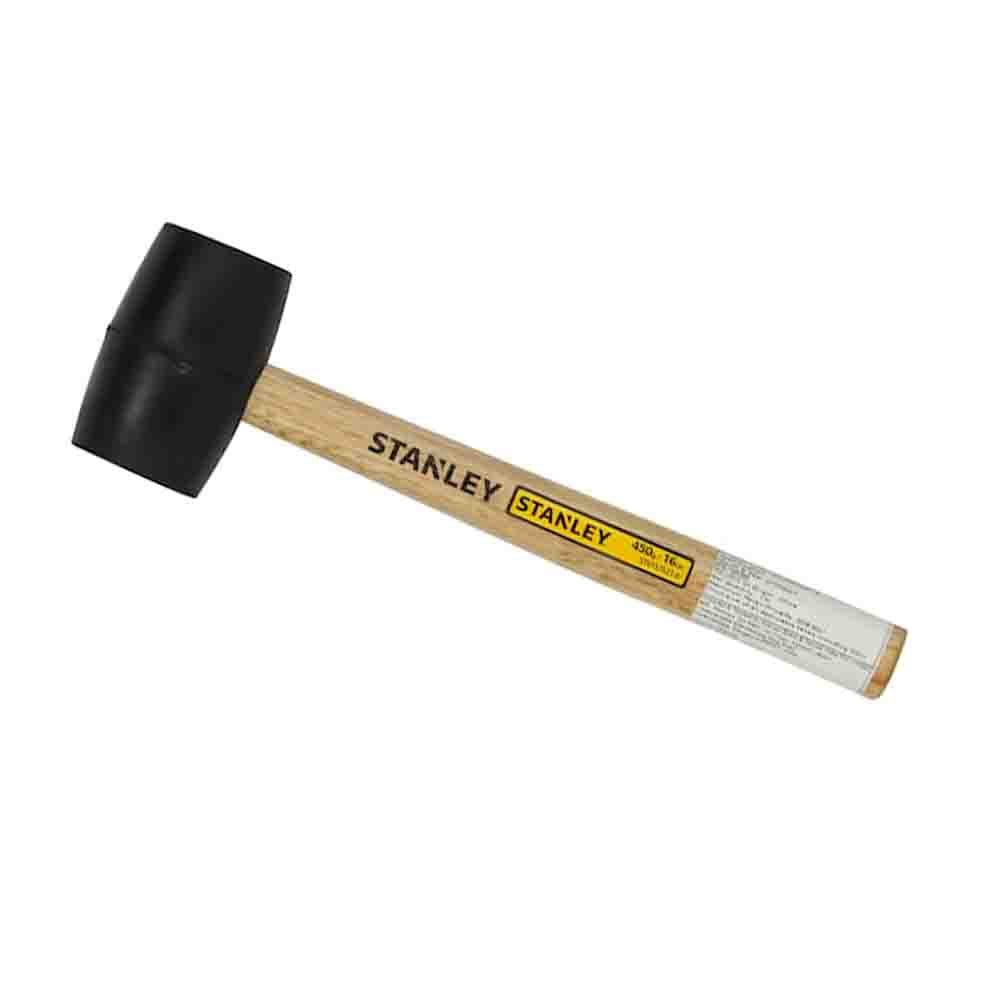 Stanley rubber mallet hammer with a black rubber head and a natural wood finish handle. The handle is labeled with the Stanley brand name.