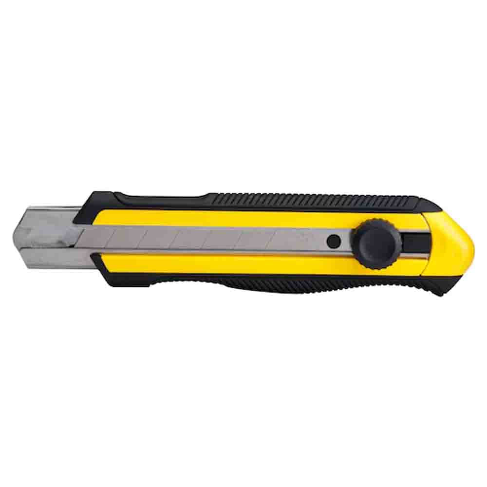 A yellow and black STANLEY snap-off knife with a removable blade snapper.