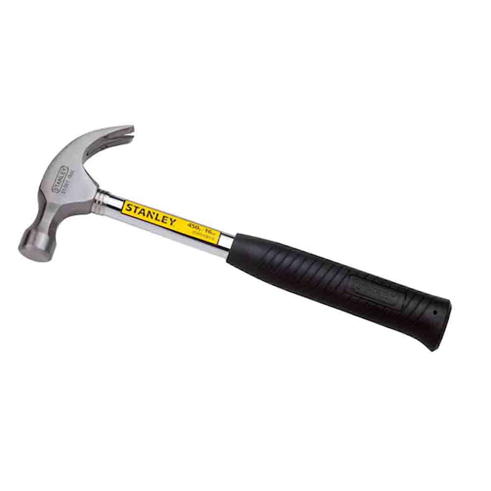 Stanley steel claw hammer with a flock-filled rubber grip and a tubular steel shaft, predominantly silver in color with black grip and yellow branding text.