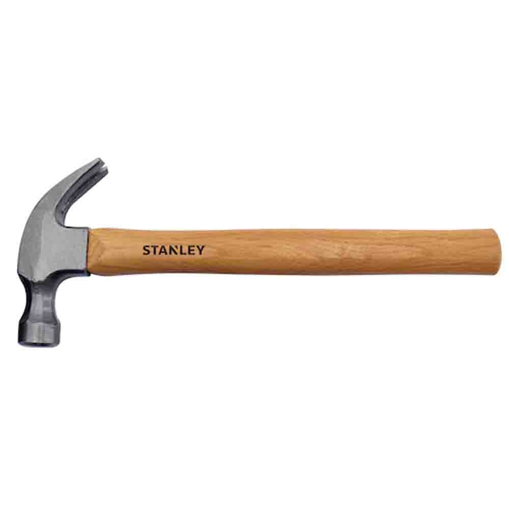 A Stanley wood handle claw hexagonal hammer with a steel head and a brown wooden handle.