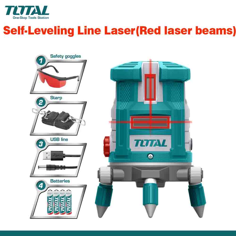 A TOTAL brand self-leveling line laser level with bright red beams, displayed with its features and accessories such as safety goggles, sharpener, USB line, batteries, and a carrying tripod. The laser level is green and red in color with a robust design.