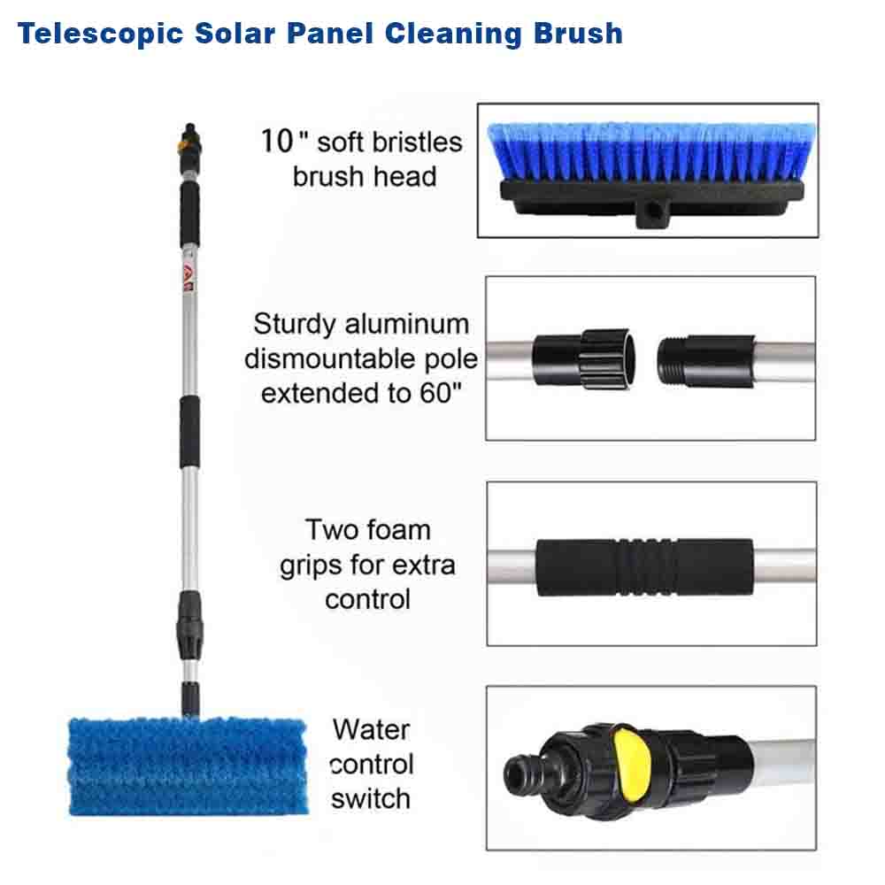 Telescopic solar panel cleaning brush with features highlighted on a white background