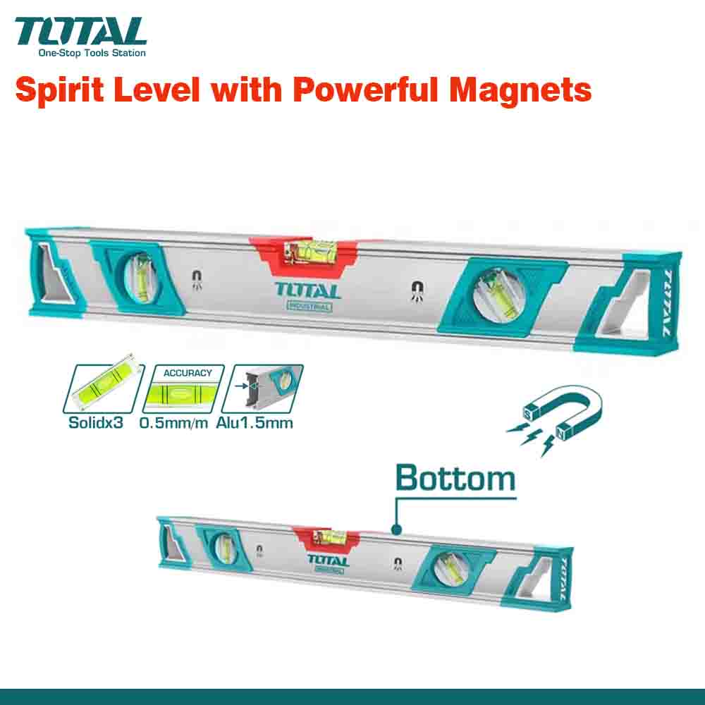 A promotional image featuring a TOTAL brand heavy-duty aluminum magnetic spirit level with powerful magnets. The level is displayed in two orientations showing the top and bottom, with highlighted features such as its solid construction, accuracy, and milling double side.