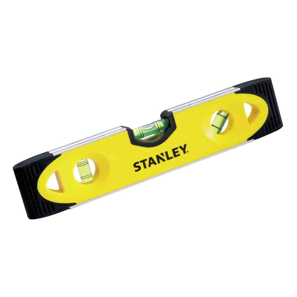 Stanley brand level tool, in yellow and black color, with a bubble level indicator for measuring horizontal surfaces.
