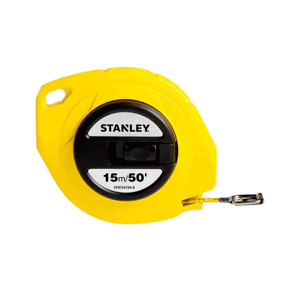 A yellow closed case steel blade measuring tape with the brand name 'Stanley' and the size '15cm/50cm' printed on it.