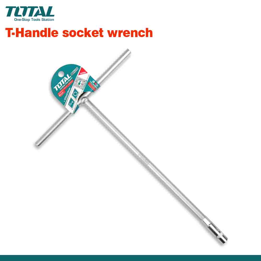 A chrome-plated T-handle socket wrench with a product tag displaying the brand name TOTAL.
