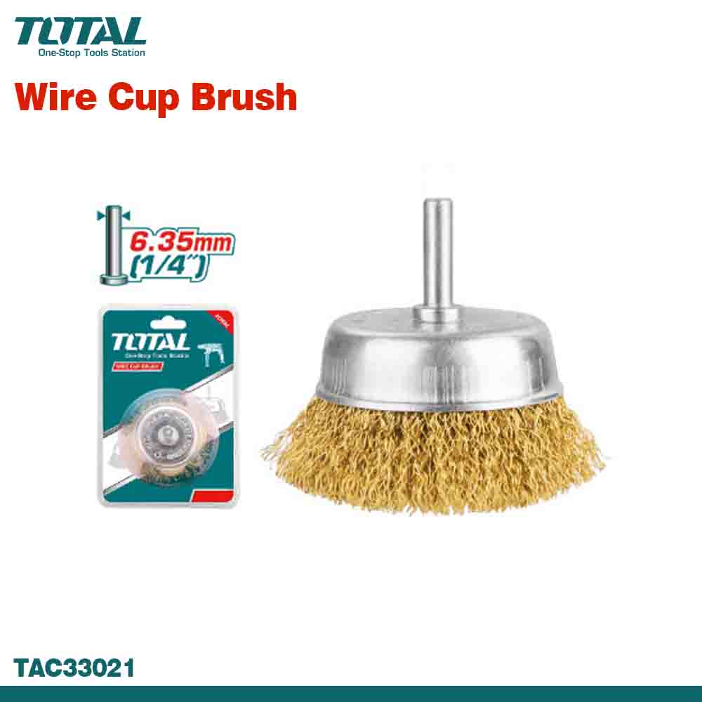 A TOTAL brand heavy-duty wire cup brush with a 50mm diameter, featuring a metal cup and gold-colored wires, alongside its packaging.
