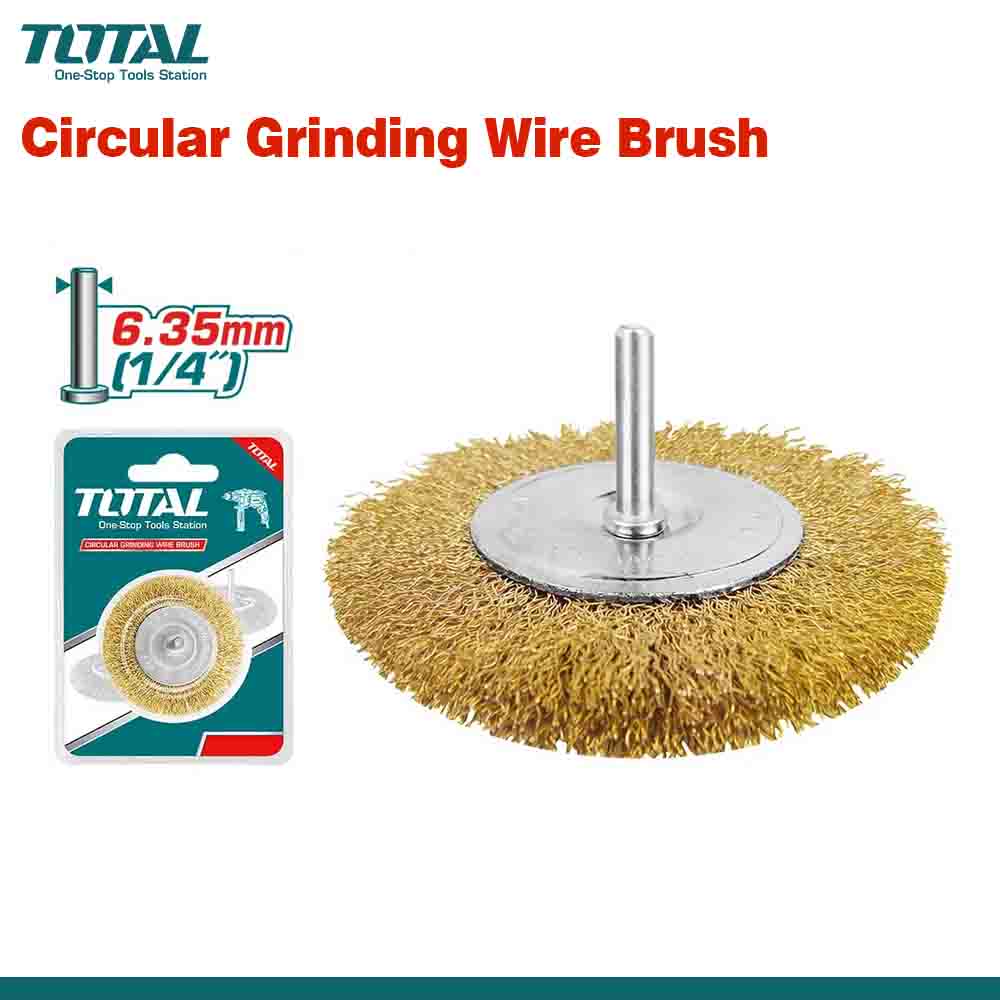 A 2-inch circular grinding wire brush with a metal bristle diameter of 6.35mm, accompanied by its packaging which indicates the brush size and RPM.