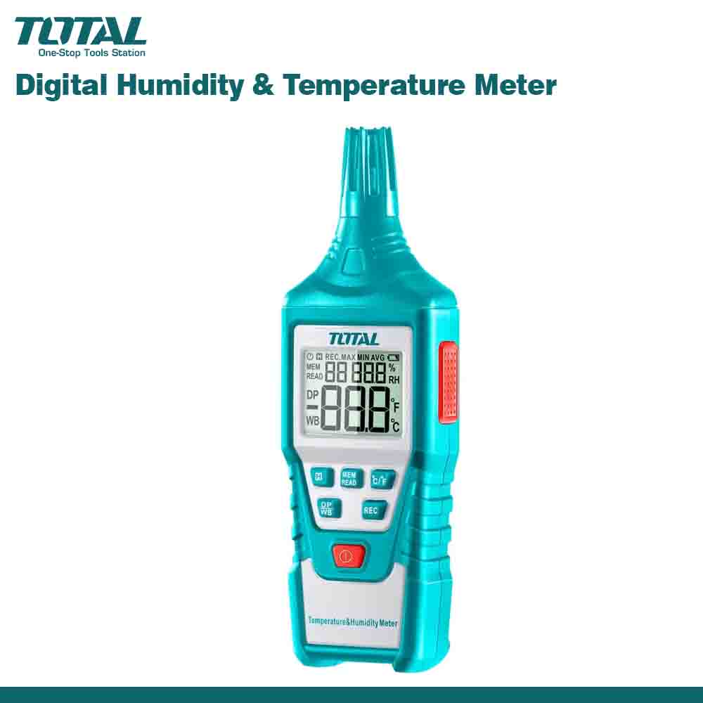 A digital temperature and humidity meter with a blue body and digital display, branded TOTAL.