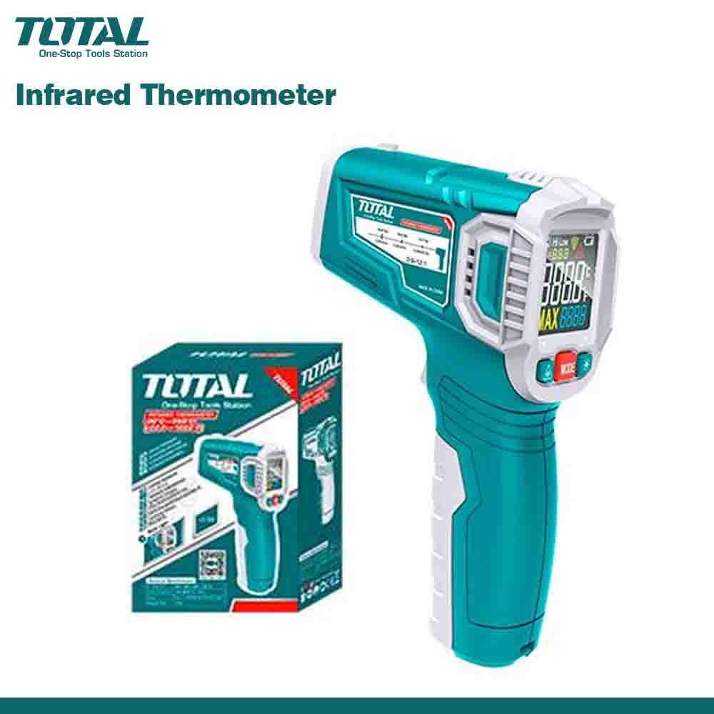 Industrial-grade infrared thermometer with color display and alarm feature, alongside its packaging box, indicating a temperature range of -30°C to 550°C and laser guidance.