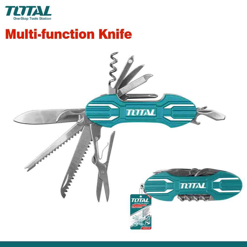 A promotional image featuring a 15-in-1 multi-function knife with various tools extended, such as a blade, scissors, and screwdrivers. The knife has a blue handle with silver metal components and is labeled with the brand TOTAL.