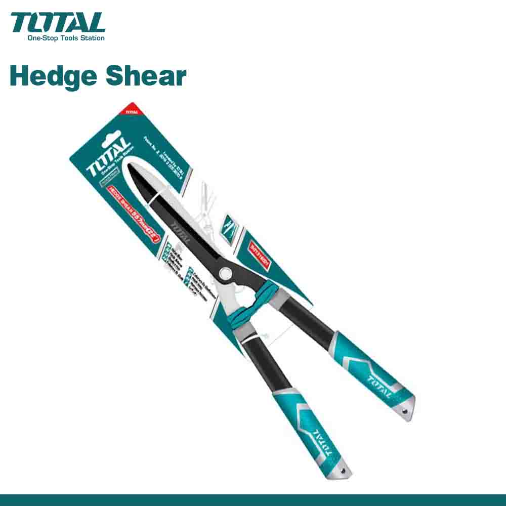 A pair of TOTAL branded hedge shears with sharp and durable blades, displayed on a packaging card.